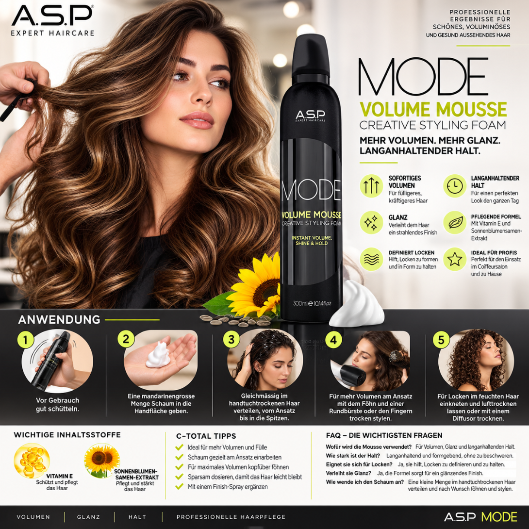 ASP MODE Volume Mousse Schaumfestiger: Anwendung, Vorteile und wichtige Inhaltsstoffe für sofortiges Volumen, Glanz und langanhaltenden Halt
